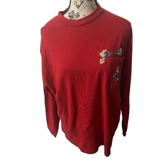 Vtg Mickey & Minnie Embroidered Pocket Love Flowers Long Sleeve Red Womens Large - Picture 6 of 16